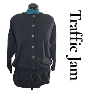 Traffic Jam Black‎ Button Front Cinched Waist Long Sleeve Tunic Top Shirt L